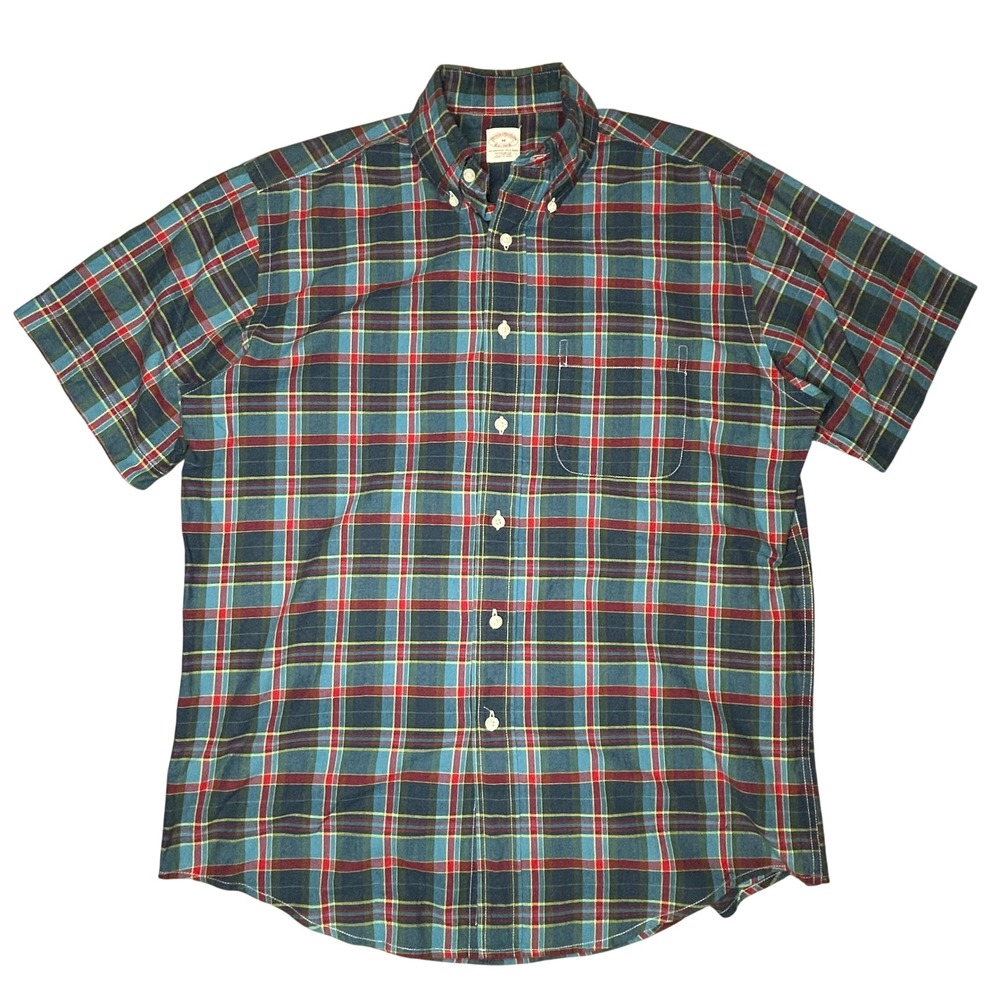 Brooks Brothers Mens Regular Fit Plaid Short Sleeve Button Down Shirt Blue Red M